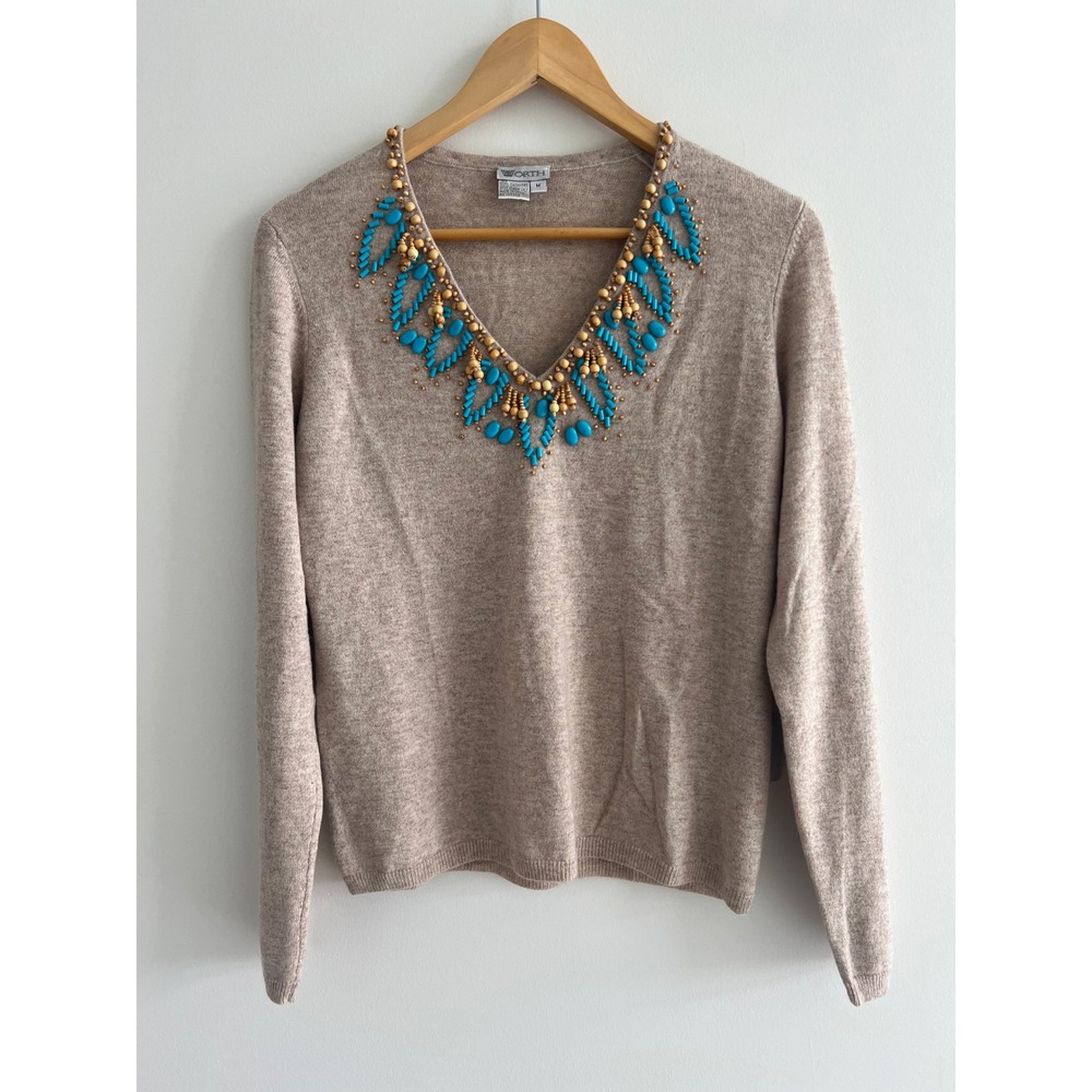NWT Worth New York 100% Cashmere Sweater Women M Tan Beaded Turquoise V-Neck